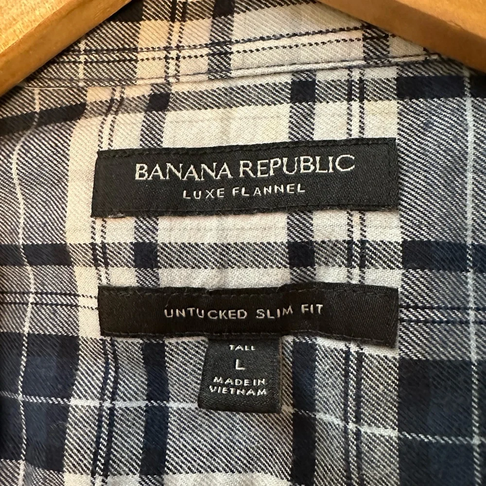 Banana Republic Luxe Flannel, Blue/White Plaid, Size Large